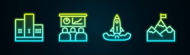 Kazanan podyum, eğitim, sunum, roket ve dağlarla ilgili ödül belirlendi. Parlayan neon ikonu. Vektör