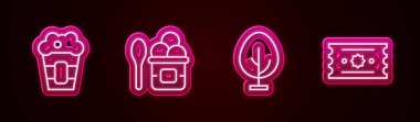 Patlamış mısırı kutuya koy, dondurma kasesi, Ağaç ve Bilet. Parlayan neon ikonu. Vektör