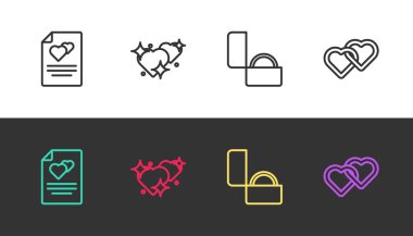 Çizgi çizgisi tebrik kartı, İki Bağlı Kalp, Elmas nişan yüzüğü ve siyah beyaz. Vektör