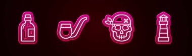 Rom, tüttürme piposu, Kafatası ve Deniz feneri. Parlayan neon ikonu. Vektör