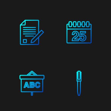 Satır kalemi, tebeşir tahtası, sınav kağıdı, kalem ve takvimi ayarla. Renk simgeleri. Vektör