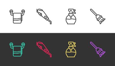 Havluyu askıya, elektrikli saç makasına, kuaför tabancası sprey şişesine ve siyah beyaz paspasa yerleştir. Vektör