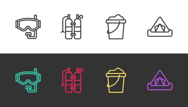 Dalış maskesini, Aqualung 'u, kum kovasını ve turist çadırını siyah ve beyaza ayarla. Vektör