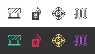 Hat bariyeri, yanan binada yangın, itfaiyeci ve hortum makarası siyah beyaz. Vektör