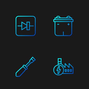 Nükleer enerji santrali, tornavida, elektronik devrede diyot ve araba aküsünü ayarla. Renk simgeleri. Vektör