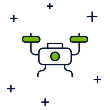 Uçan İHA ikonu beyaz arka planda izole edildi. Video ve fotoğraf makinesi sembollü dörtlü helikopter. Vektör