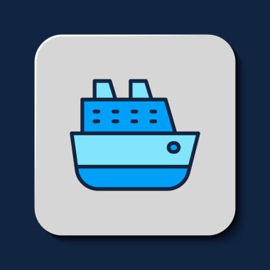 Filled outline Cruise ship icon isolated on blue background. Travel tourism nautical transport. Voyage passenger ship, cruise liner. Worldwide cruise.  Vector