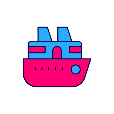 Ana hatları doldurulmuş gemi simgesi beyaz arkaplanda izole edilmiş. Seyahat turizmi deniz taşımacılığı. Yolcu gemisi, yolcu gemisi. Dünya çapında bir gezi. Vektör