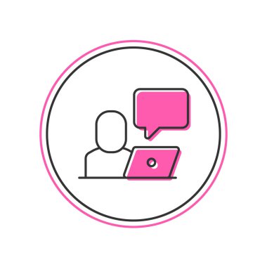 Beyaz arkaplanda izole edilmiş ana hatlı Freelancer simgesi. Evinde dizüstü bilgisayarla çalışan serbest çalışan bir adam. Çevrimiçi iş, uzak iş kavramı. Vektör