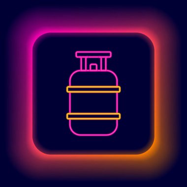 Parlayan neon hattı Propan gaz tankı ikonu siyah arkaplanda izole edildi. Yanabilir benzin deposu ikonu. Renkli taslak konsepti. Vektör