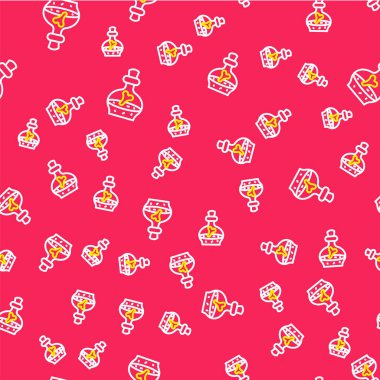 Kırmızı zemin üzerinde iksir ikonu olan çizgi şişesi izole edilmiş pürüzsüz desen. Sihirli iksirli matara. Mutlu Cadılar Bayramı Partisi. Vektör