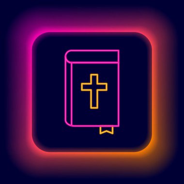Parlayan neon hattı kutsal kitap ikonu siyah arka planda izole edildi. Renkli taslak konsepti. Vektör