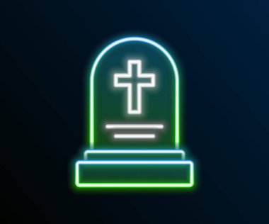 Siyah arkaplanda izole edilmiş mezar taşı simgesi ile parlayan neon hattı Grave. Renkli taslak konsepti. Vektör
