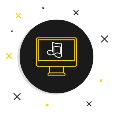 Ekran simgesinde nota sembolü olan satır bilgisayarı beyaz arkaplanda izole edildi. Renkli taslak konsepti. Vektör