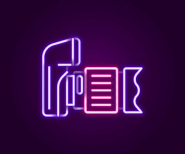 Parlayan neon hattı fotoğraf makinesi simgesi siyah arkaplanda izole edildi. Foto kamera. Dijital fotoğrafçılık. Renkli taslak konsepti. Vektör