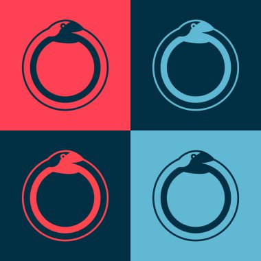 Ouroboros simgesinin Pop Art Magic sembolü renk arkaplanında izole edilmiş. Yılan kendi kuyruğunu ısırıyor. Hayvan ve sonsuzluk, mitoloji ve yılan. Vektör