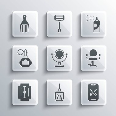 Dustpan, Berber hizmeti veya platform, berber koltuğu, yuvarlak makyaj aynası, tıraş bıçağı, tıraş losyonu, saç spreyi ve sprey ikonu. Vektör