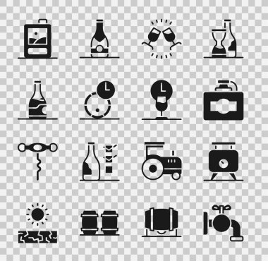 Fıçıya musluk tak, üzüm fermantasyonu, karton şarap, şarap tatma, içki, içki içme, ahşap, şişe ve zaman simgesi. Vektör