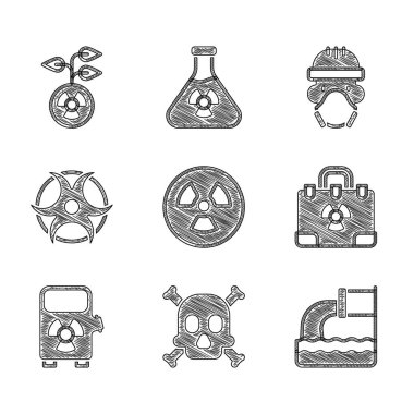Radyoaktif, Kemik ve Kafatası Uyarı, Atık Su, Radyasyon Nükleer Valizi, Elektrikli Araç Şarj İstasyonu, Biyolojik Tehlike Sembolü, Nükleer Reaktör İşçisi ve Simgesi. Vektör