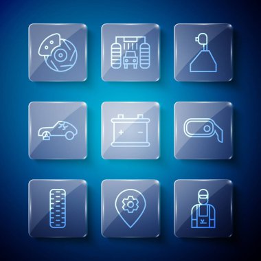 Hat çizgisi araba tekerleği, araba servisi, tamirci, vites kolu, pil, kırık, fren diski ayarlayıcısı ve dikiz aynası ikonu olan yer. Vektör