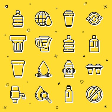 Hattı kurun. Su damlası, filtre, temiz suyla dolu büyük şişe, kartuş, sürahi, cam ve ikon. Vektör