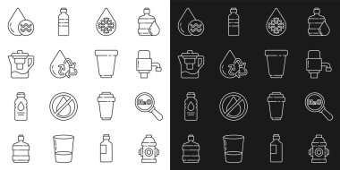 H2O için çizgi yangın musluğu, kimyasal formül mekanik pompa suyu, çözülme, temiz su geri dönüşümü filtreli su testi ve kartuş simgesi. Vektör