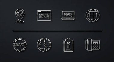 Satır konumunu ekipman, saat 24 saat, telefon desteği, pano soru işaretleri, Tarayıcı SSS ve dizüstü bilgisayar ve simge ile ayarla. Vektör