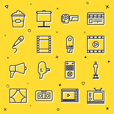 Set hattı Retro TV, Movie Cup, Play Video, sinema kamerası, mikrofon, patlamış mısır kutusu ve USB flash disk ikonu. Vektör
