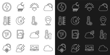 Cloud, Meteoroloji termometresi, konum bulutu, günbatımı, ay ve yıldızlar, yıldırım ve simge. Vektör