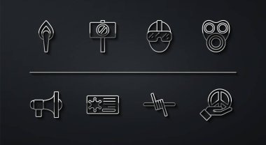 Meşale ateşi, megafon, gaz maskesi, dikenli tel, polis rozeti, Protesto, Barış ve Özel Kuvvetler askeri ikonu. Vektör