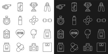 Banyo terazisi, spor beslenmesi, Dumbbell, ödül kupası, fitness karıştırıcı, kronometrede kalp, ıslık ve ikon. Vektör