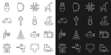 Oyuncak tren, fotoğraf makinesi, tekne, Tic Tac toe oyunu, oyuncak bebek, araba, oyuncak bebek, oyuncak bebek ve bebek emziği ikonu. Vektör