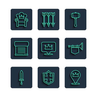 Ortaçağ kılıcı, kalkanı, konum kral tacı, çekiç, ferman, parşömen, parşömen, taht ve trompet. Vektör