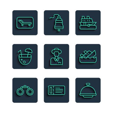 Dürbün, gemi bileti tepsi, gemi, turist, hindistan cevizi kokteyli, güneşli yatak ve şemsiye ve batan gemi ikonu ile kaplı. Vektör