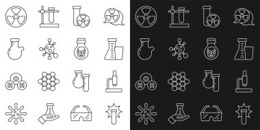 Chemical Explosion, Microscope, Test tüpü ve matara, radyasyon, Molekül, Radyoaktif ve Zehirli şişe simgesini hazırlayın. Vektör