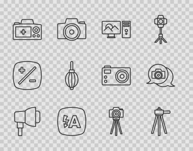 Softbox ışığı, Tripod, fotoğraf rötuşlama, otomatik flaşlama, kamera, toz üfleyici ve ikon ayarlayın. Vektör