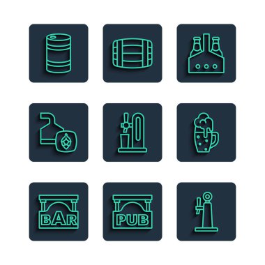 Bar, Pub, Bira musluğu, bira şişeleri, cam, demleme süreci, metal fıçı ve cam ikonu olan sokak tabelasını ayarla. Vektör