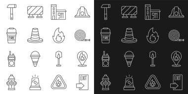 Yangın çıkışı, yangın alevi, hortum makarası, istasyon binası, trafik konisi, kova, çekiç ve ikon olan yer. Vektör