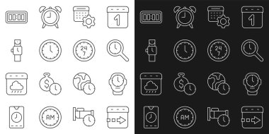 Saate, saate, saate, büyüteçlere, takvim ayarlarına, kol saatine, dijital alarma ve 24 saatlik ikona göre ayarla. Vektör