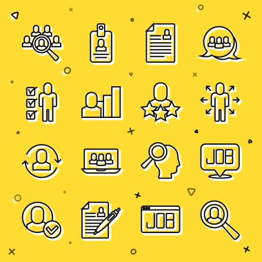 Arama işi, Arama, Çok Görevli Yönetici, Özgeçmiş, Üretici İnsan ve simge için çizgi büyüteç ayarla. Vektör