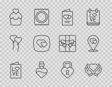 Hattı belirle Sevgililer Günü partisi ilanı, Heart Hand aşk iksiri şişesi, düğün pastası, Castle kalp şeklinde ve konum ikonu. Vektör