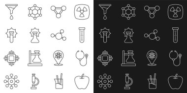 Apple, Stetoskop, Test tüpü, Molekül, Şişede Patlama, Huni veya filtre ve ikon hattını ayarlayın. Vektör