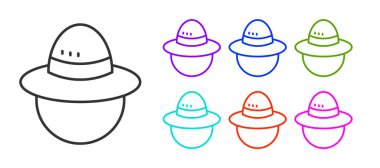 Siyah çizgi kamp şapkası simgesi beyaz arkaplanda izole edildi. Plaj şapkası panaması. Avcılık, yürüyüş ve turizm için gezgin şapkası. Simgeleri renklendirin. Vektör