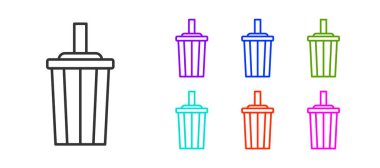 Siyah çizgi kağıt bardak, beyaz arka planda izole edilmiş saman ve su ikonu içeriyor. Soda bardağı. Taze soğuk içecek sembolü. Simgeleri renklendirin. Vektör