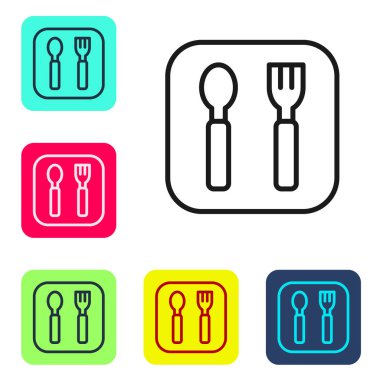 Siyah çizgi çatal ve kaşık simgesi beyaz arkaplanda izole edilmiş. Mutfak aletleri. Çatal bıçak seti. Renkli kare düğmelerle simgeleri ayarla. Vektör