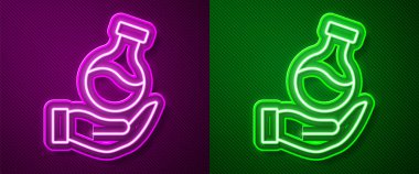 Parlayan neon hattı test tüpü ve mor ve yeşil arkaplanda izole edilmiş kimyasal test ikonu. Laboratuvar cam levhası. Vektör