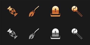 Candy, Witches süpürgesi, RIP yazılı Tombstone ve lolipop ikonu. Vektör