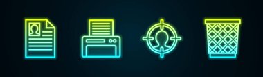 Özgeçmiş, yazıcı, kelle avlama konsepti ve çöp tenekesi. Parlayan neon ikonu. Vektör