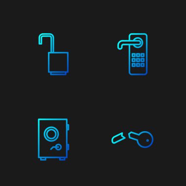 Hattı ayarla. Kırık anahtar, kasa, asma kilit ve dijital kapı. Renk simgeleri. Vektör