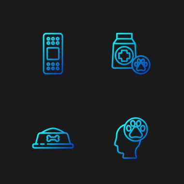 Hayvan ayak izi, evcil hayvan yemek kasesi, bandaj ve poşet dolusu insan. Renk simgeleri. Vektör